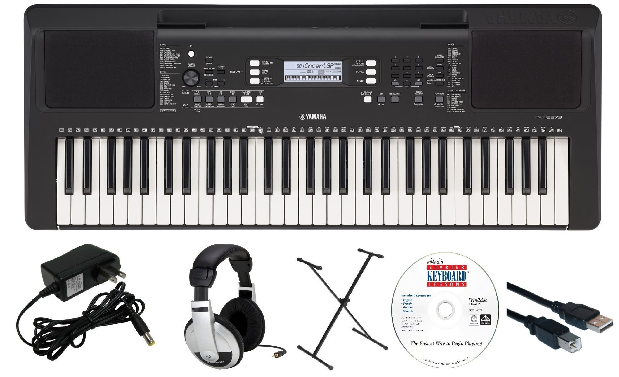 Headphones X-Style Stand Yamaha PSR-E373 EPS 61-Key Educational Keyboard Pack with Power Supply YAM PSRE373 and Instructional Software USB Cable 