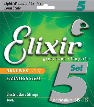 Elixir 14782 Nanoweb Stainless Steel 5-String Bass Set Front View