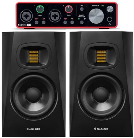 Focusrite Scarlett 2i2 3rd Gen USB Interface with Adam Audio T5V Monitor Pair Front View
