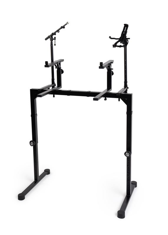K&M Omega Table Style Keyboard Stand with Accessories Front View