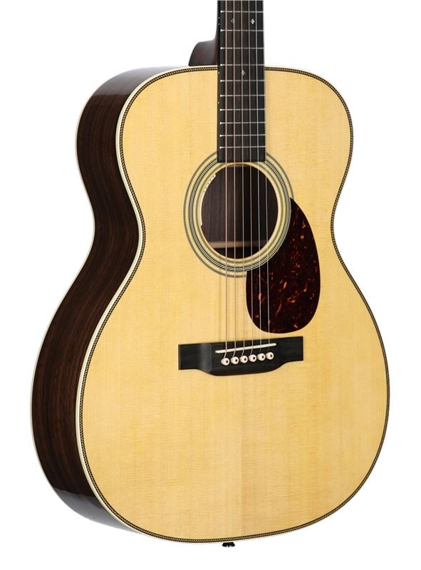 Martin OM28E Acoustic Electric Guitar with LR Baggs Anthem with Case Body Angled View