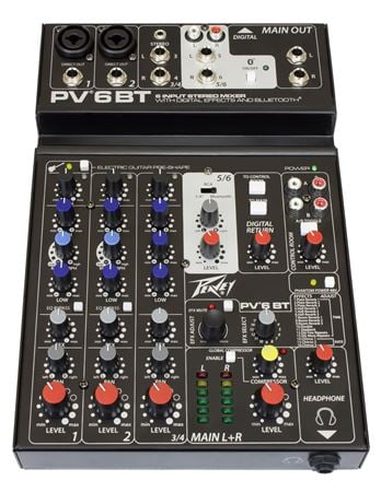 Peavey PV6 BT 6 Channel Stereo Mixer with Compression and Bluetooth Front View