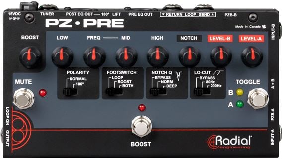 Radial PZ Pre Acoustic Preamp Pedal Body Angled View
