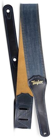 Taylor Blue Denim 2" Guitar Strap Gold Logo Front View