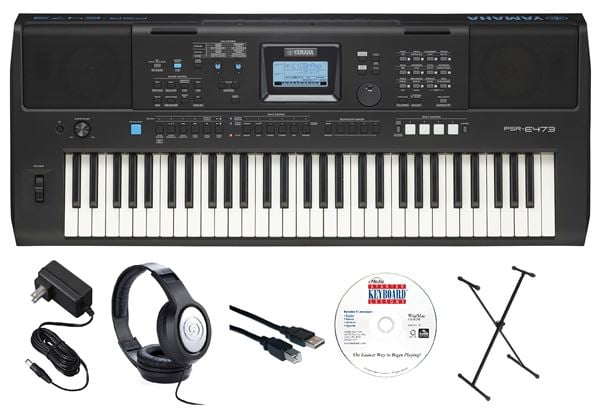 Yamaha PSRE473 61-Key Educational Keyboard Package with X-Stand Front View