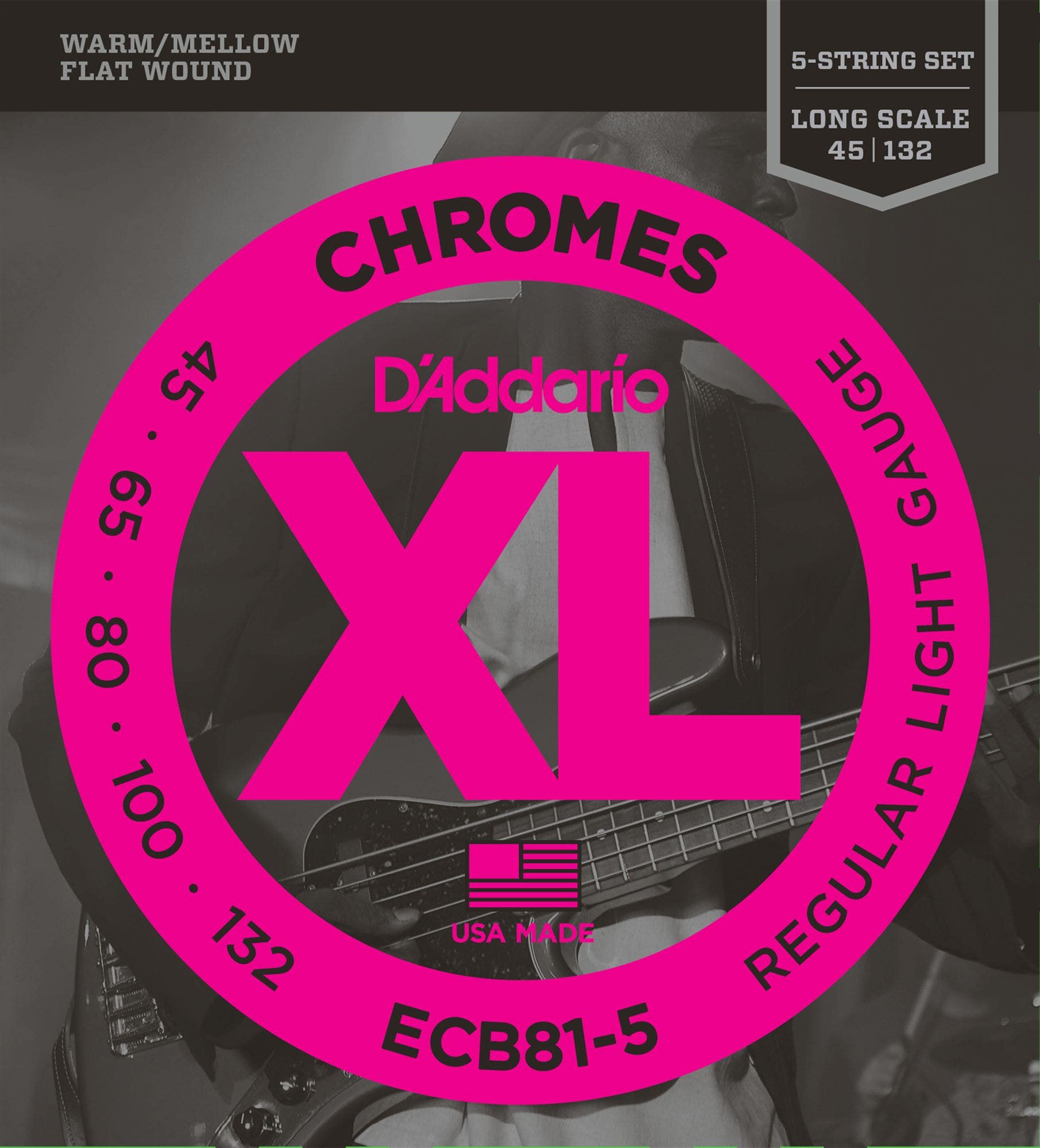 D'Addario ECB81-5 Chromes XL Flatwound 5-String Bass Guitar Strings
