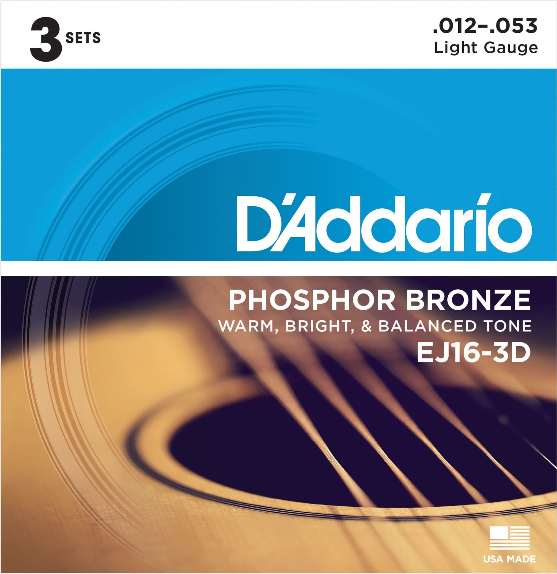 D'Addario EJ16 3D Phosphor Bronze Acoustic Guitar Strings Light 3 Pack