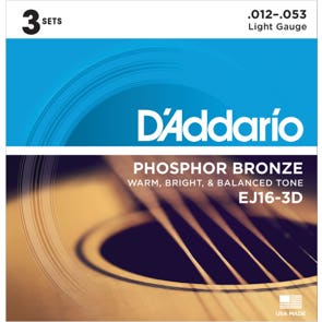 D'Addario EJ16 3D Phosphor Bronze Acoustic Guitar Strings Light 3 Pack