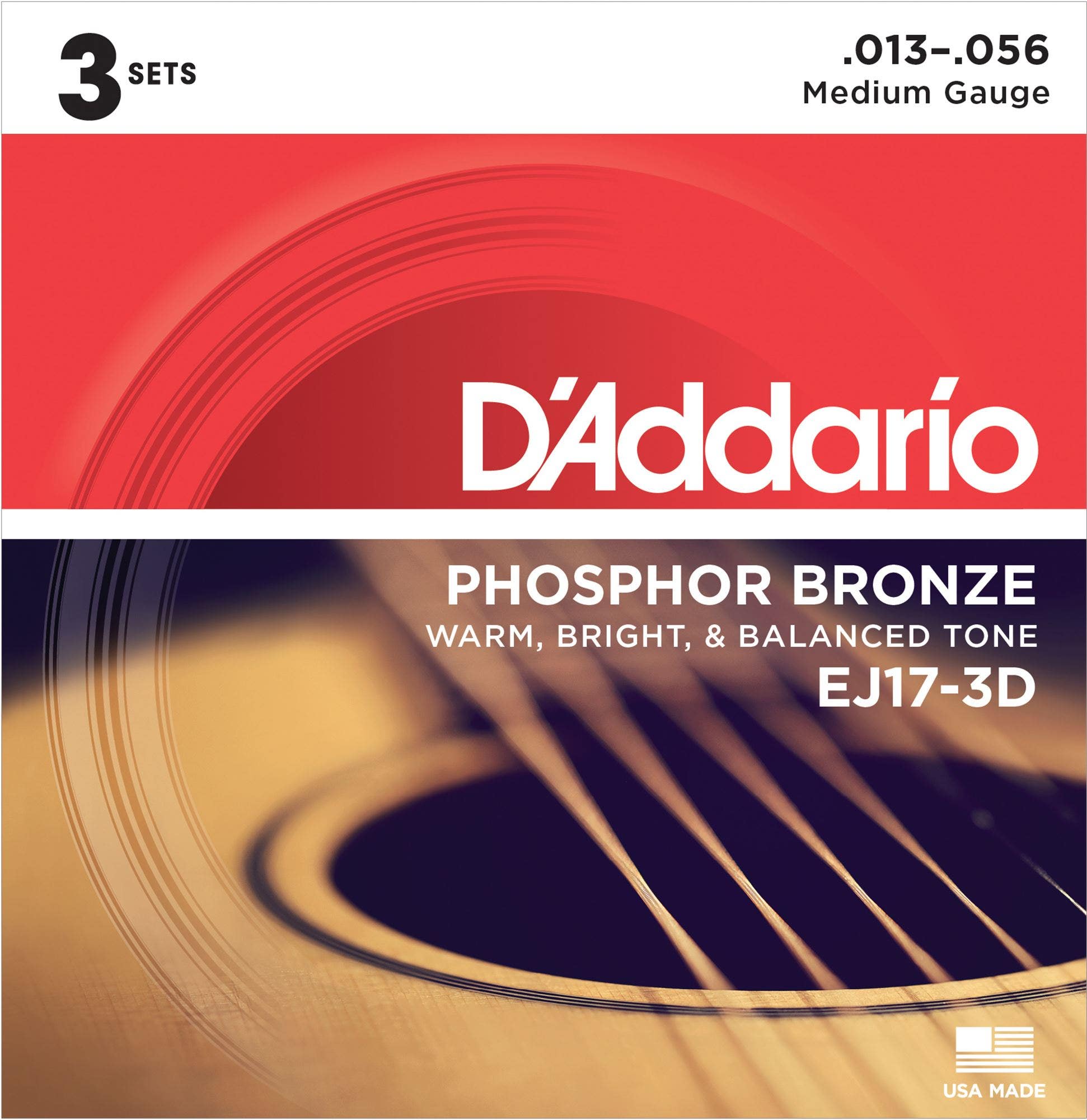 D'Addario EJ17 3D Phosphor Bronze Acoustic Guitar Strings Medium 3 Pak