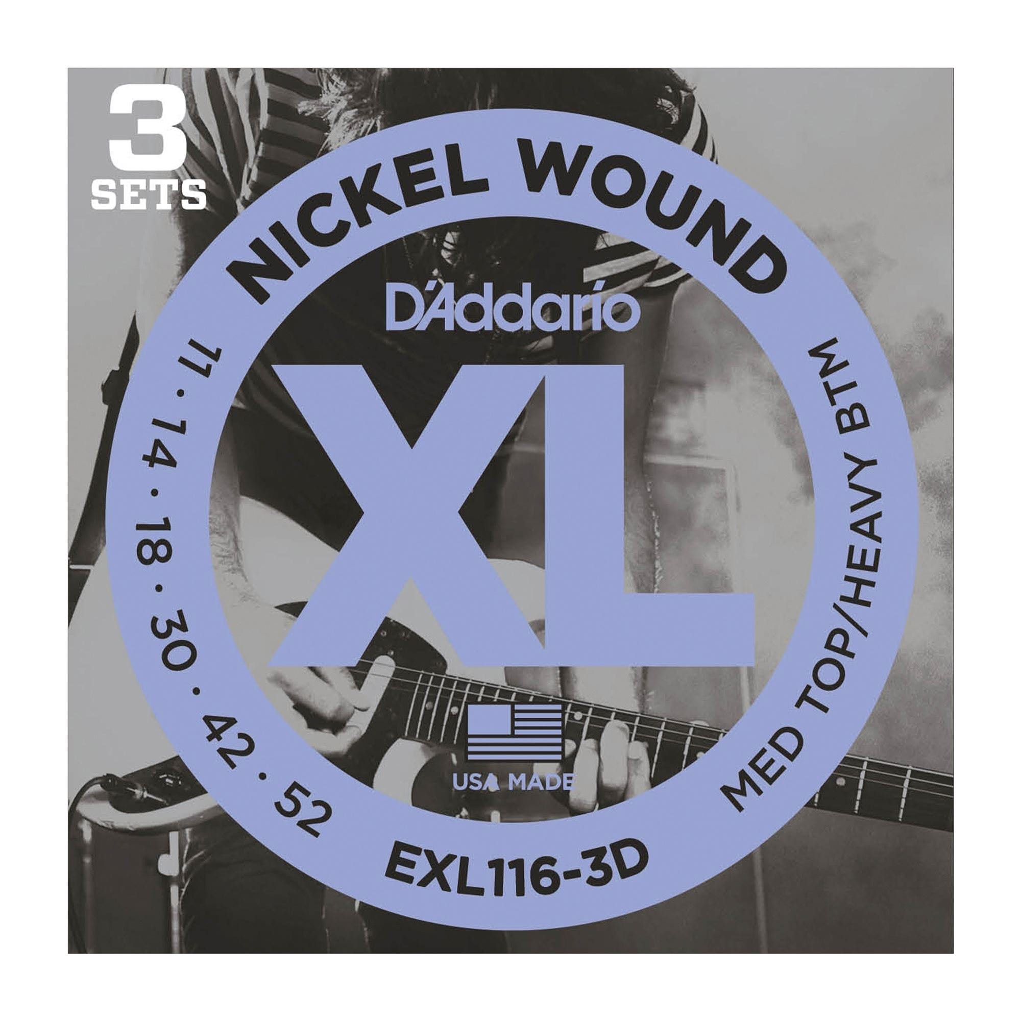 D'Addario EXL116 XL Nickel Wound Electric Guitar Strings 11-52 3-Pack