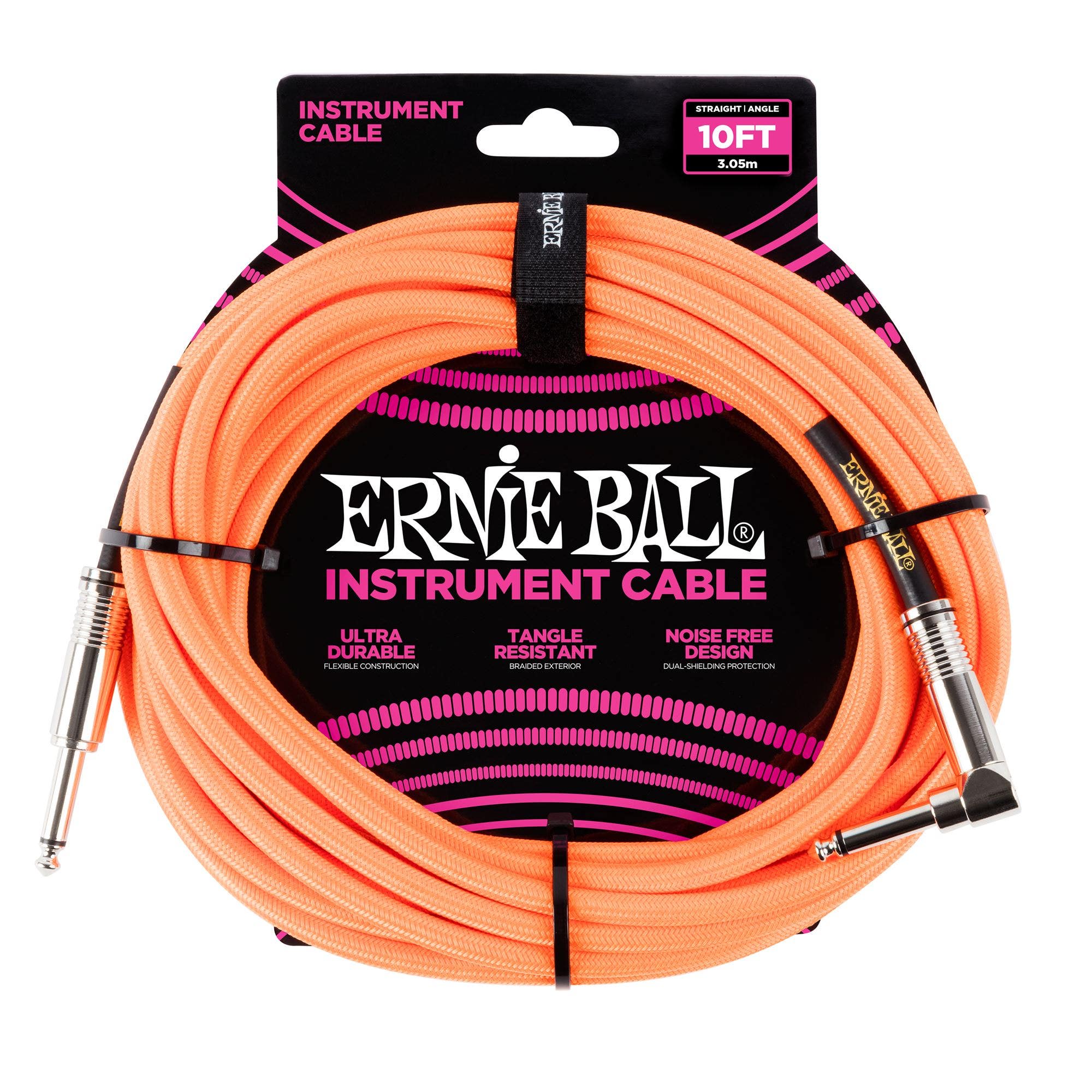 Ernie Ball P06079 Braided Right Angle Instrument Cable 10' Neon Orange