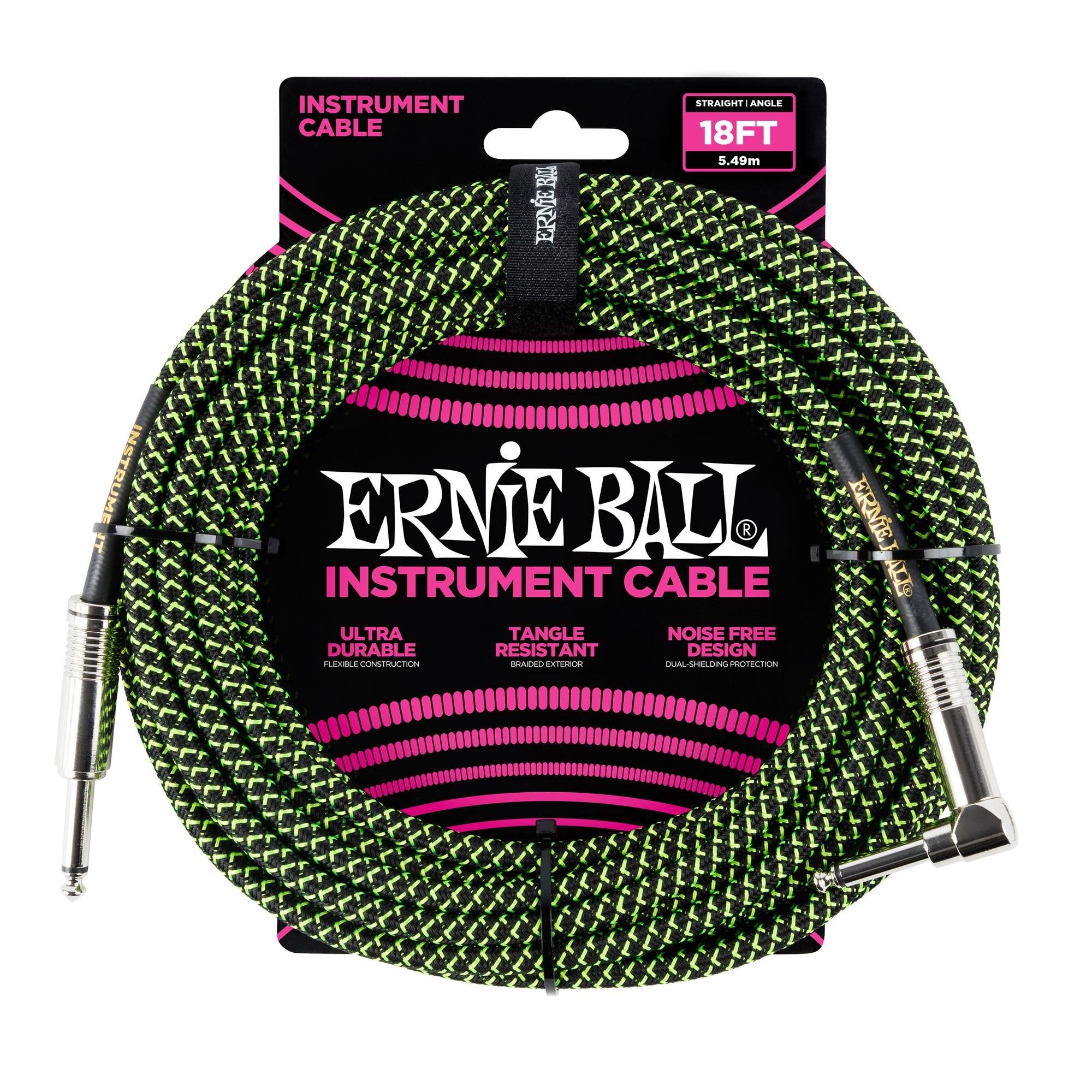 Ernie Ball P06082 Braided Right Angle Instrument Cable 18' Black Green