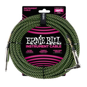 Ernie Ball P06082 Braided Right Angle Instrument Cable 18' Black Green