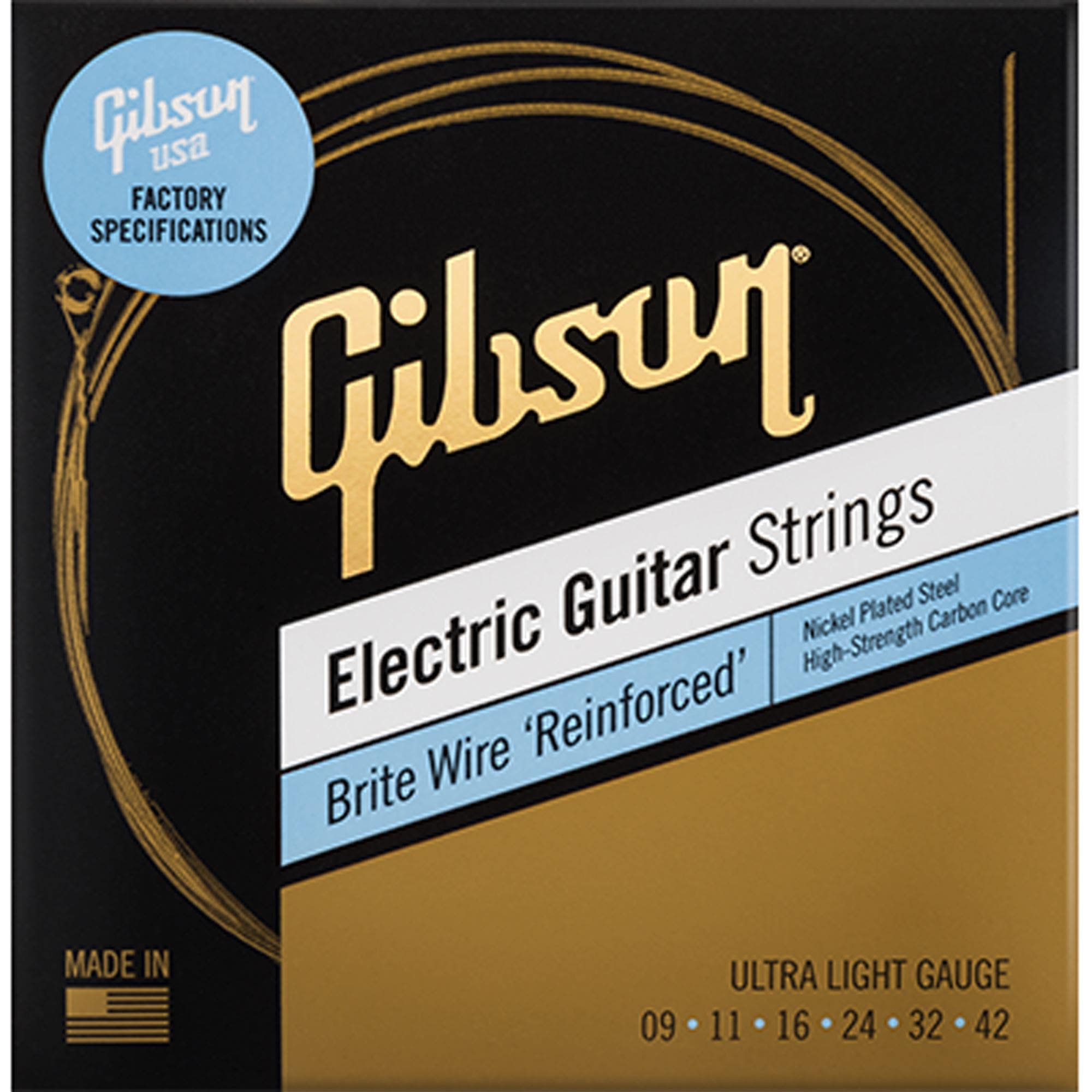 Gibson Brite Wire Reinforced Electric Guitar Strings, Ultra Light .009-.042