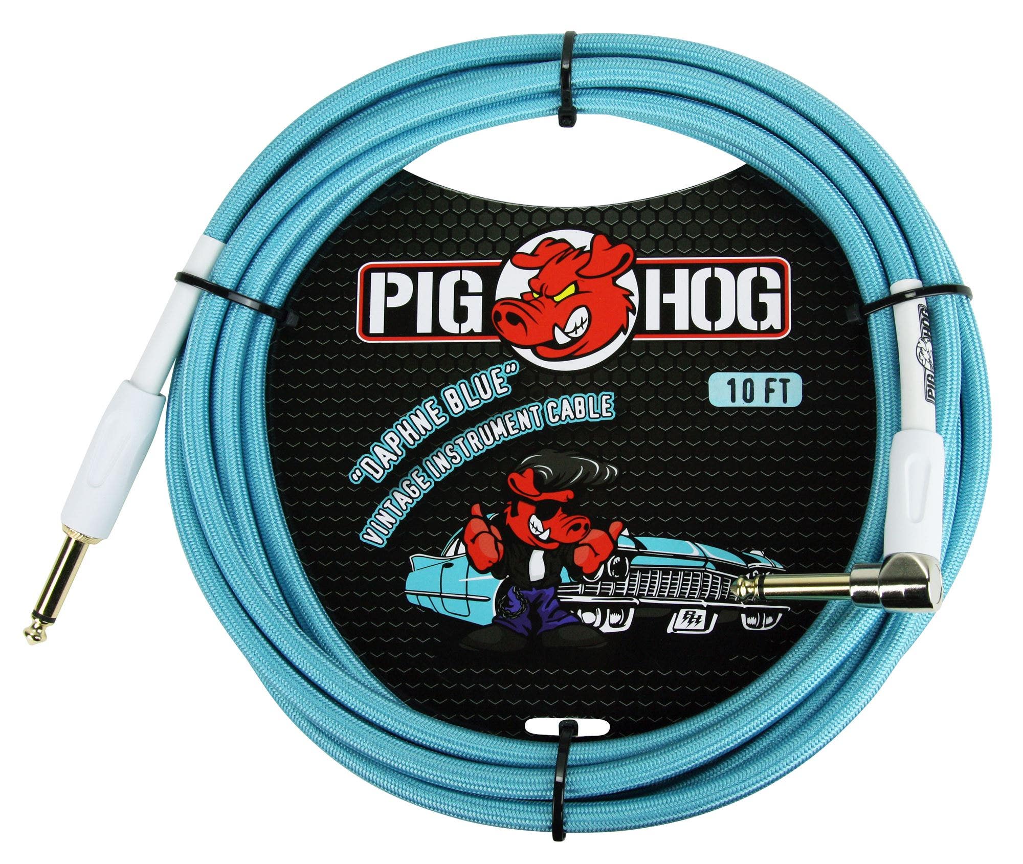 Pig Hog 10Ft Daphne Blue Instrument Cable with Angled End