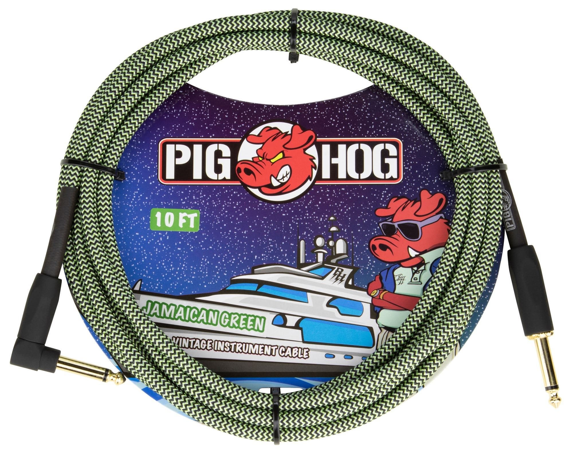 Pig Hog PCH10JGRR Instrument Cable Right Angle Jamaican Green 10 Feet