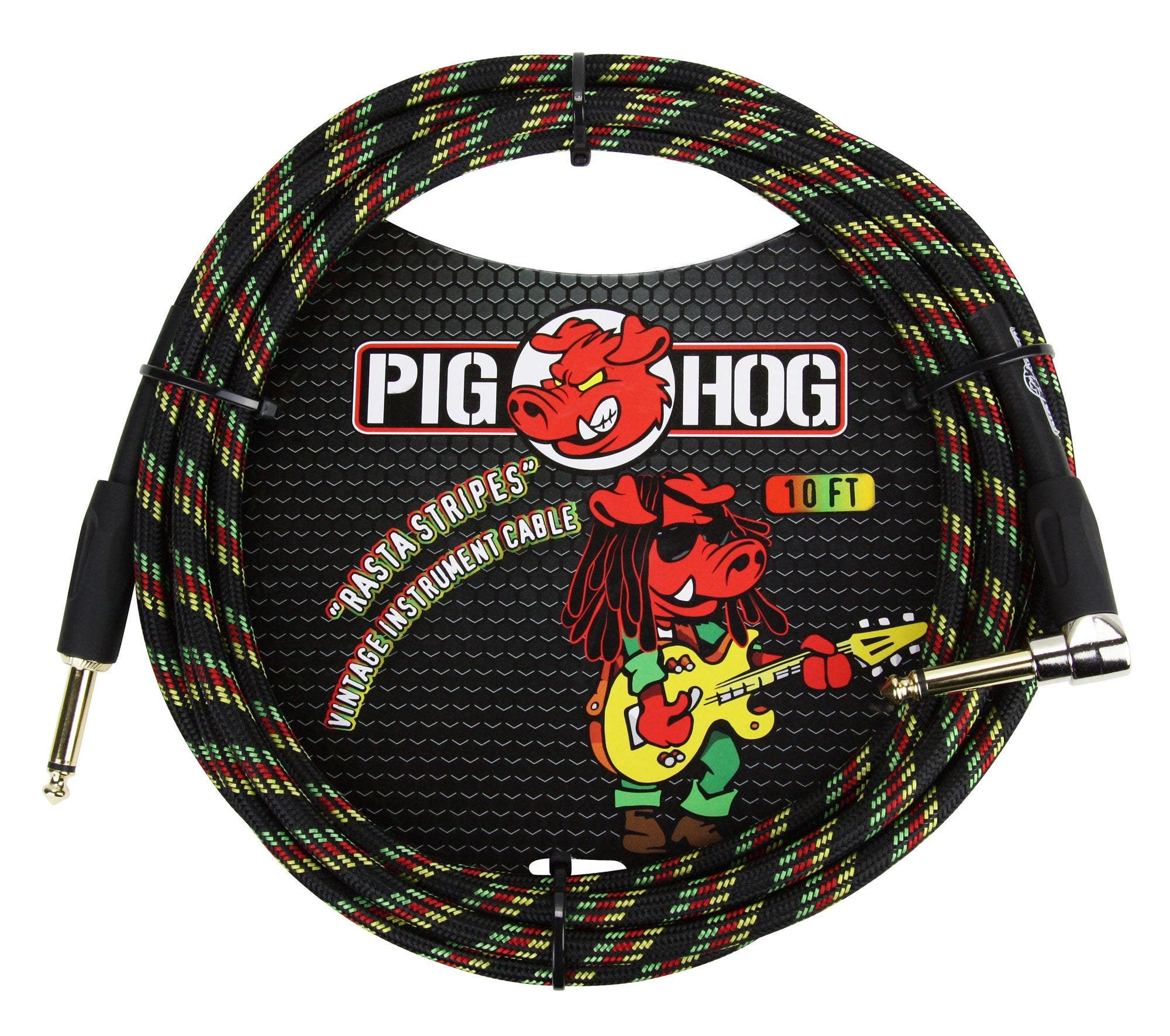 Pig Hog 10Ft Rasta Stripes Instrument Cable with Angled Ends