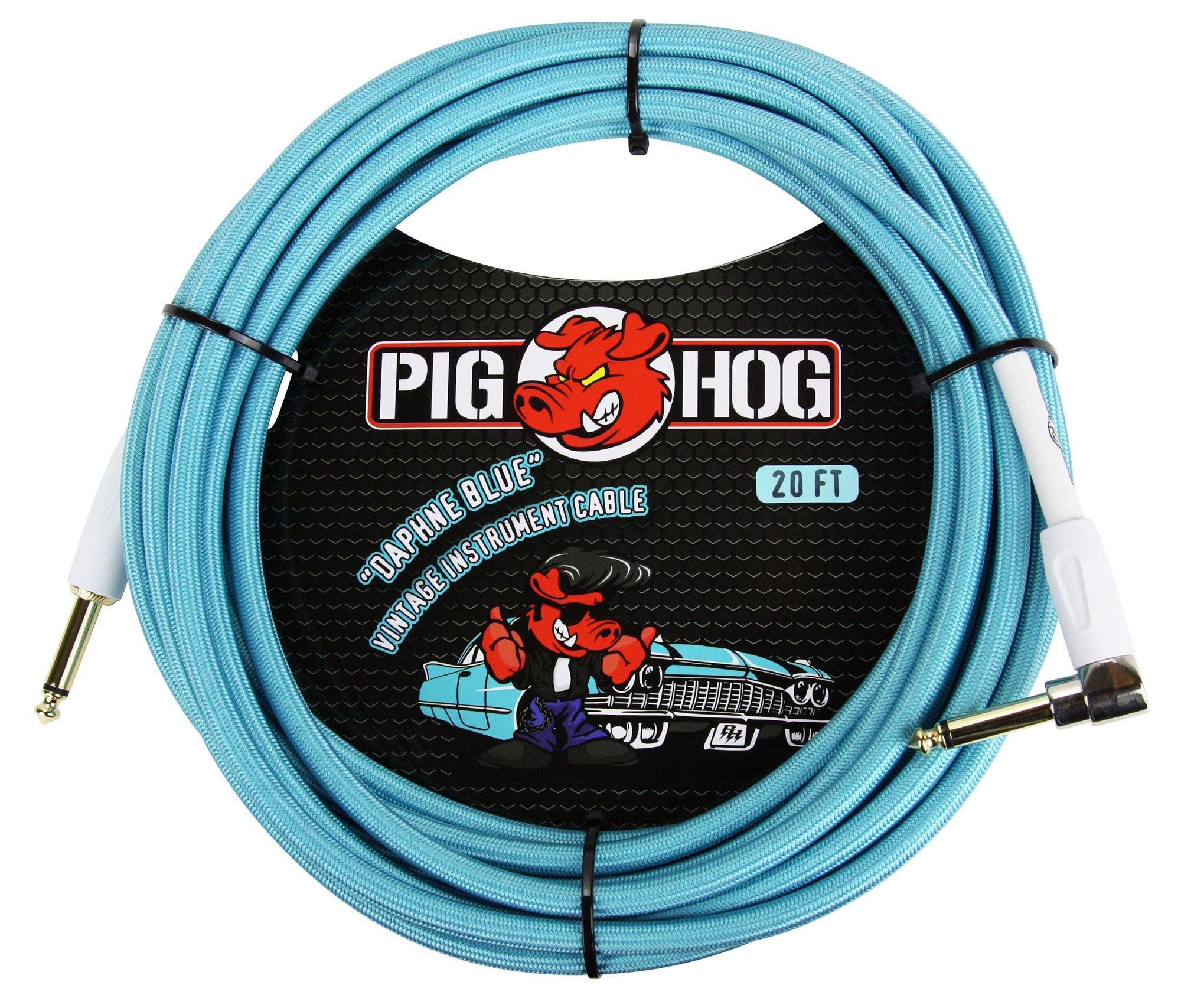 Pig Hog 20Ft Daphne Blue Instrument Cable with Angled End