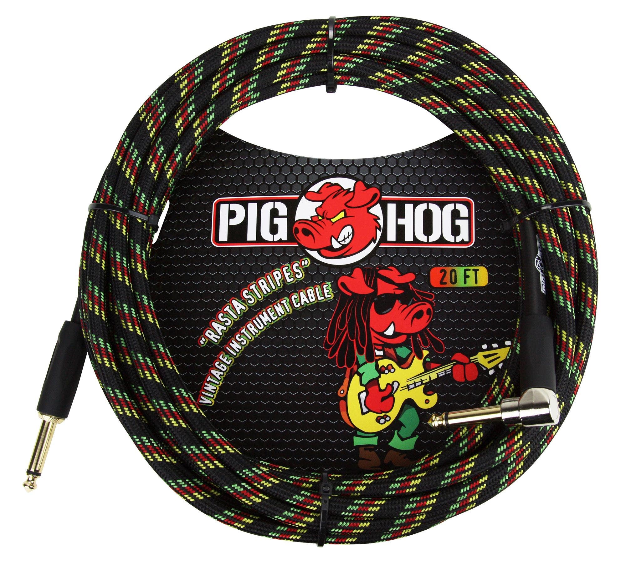 Pig Hog 20Ft Rasta Stripes Instrument Cable with Angled End