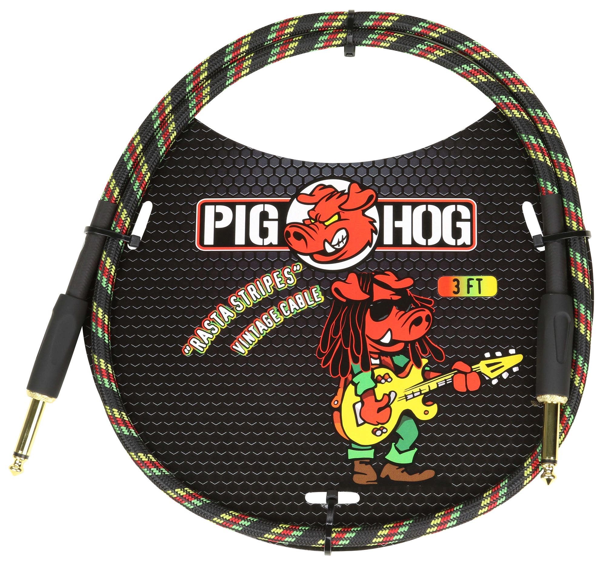 Pig Hog PCH3RA Rasta Stripe 1/4" to 1/4" Instrument Patch Cable 3 ft
