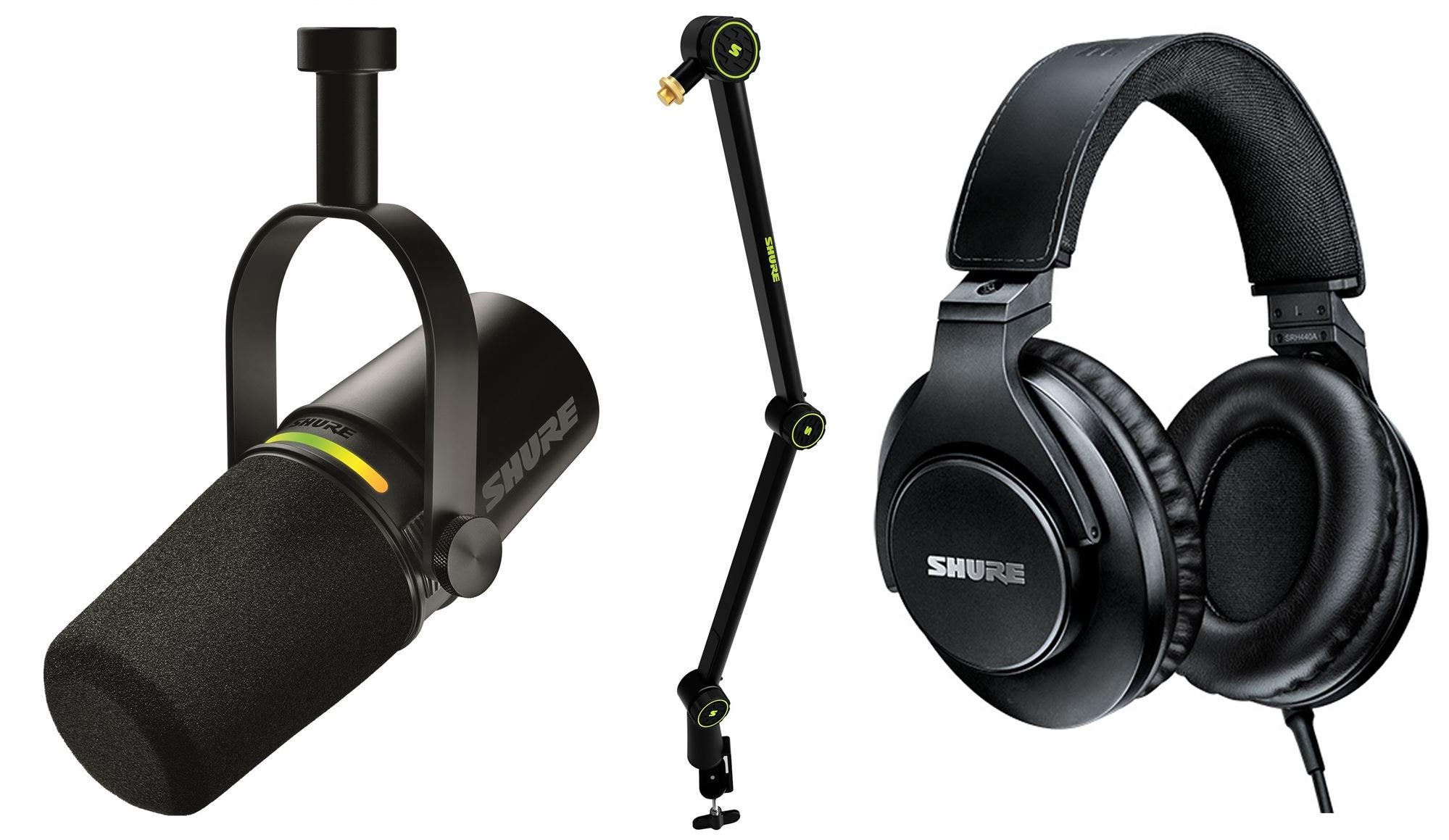 Shure MV7PLK Broadcast Mic w/ SH-BROADCAST1 Stand and SRH440A Headphones