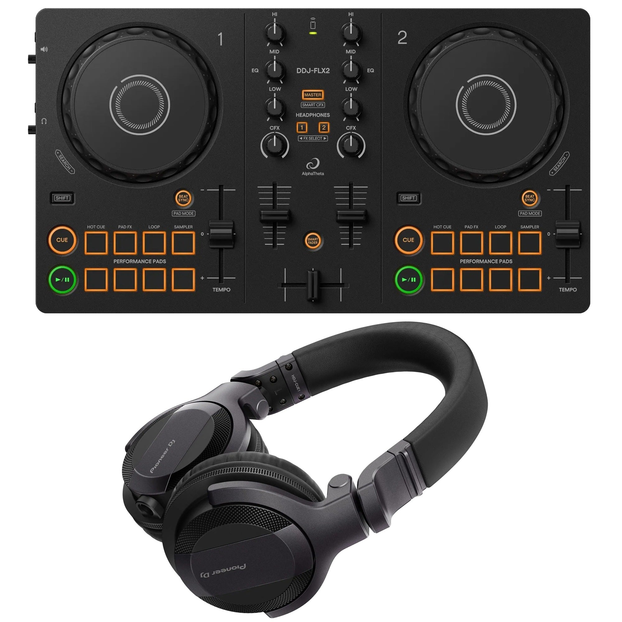 AlphaTheta DDJ FLX2 DJ Controller with HDJCUE1 Headphones