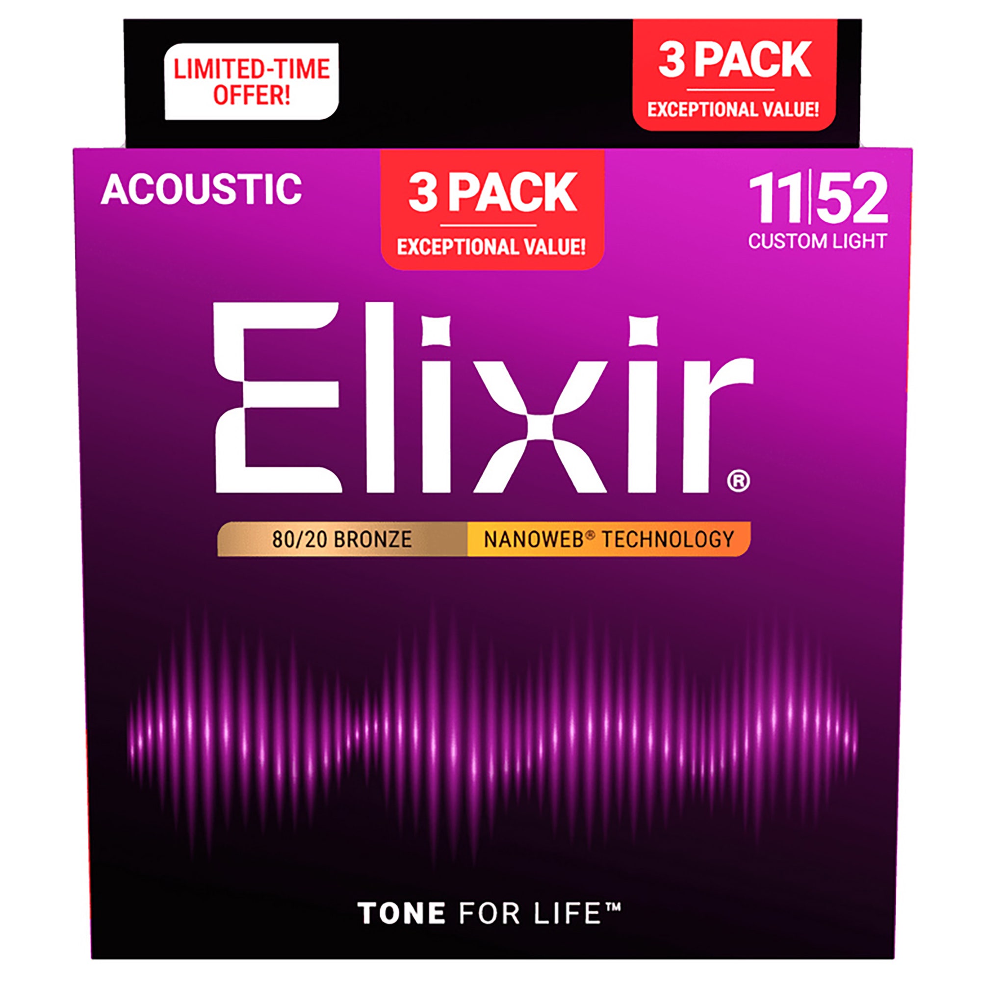 Elixir 16564 80/20 Bronze Acoustic Guitar Strings Custom Light 11-52 3 Pak