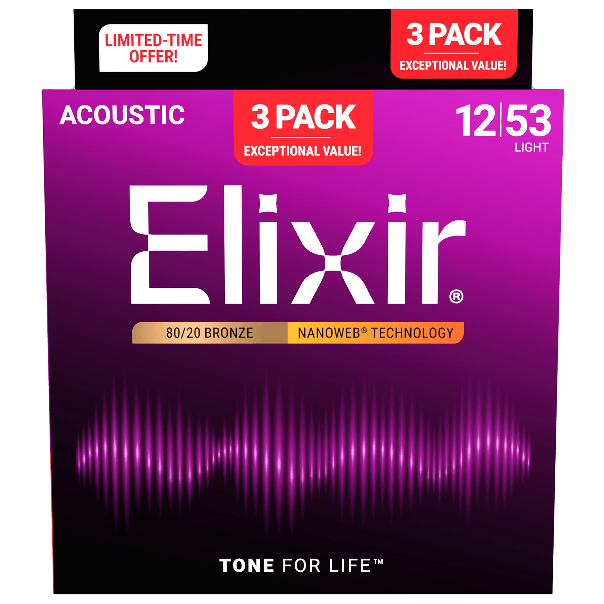 Elixir 16565 80/20 Bronze Acoustic Guitar Strings Nanoweb Light 3 Pack 12-53