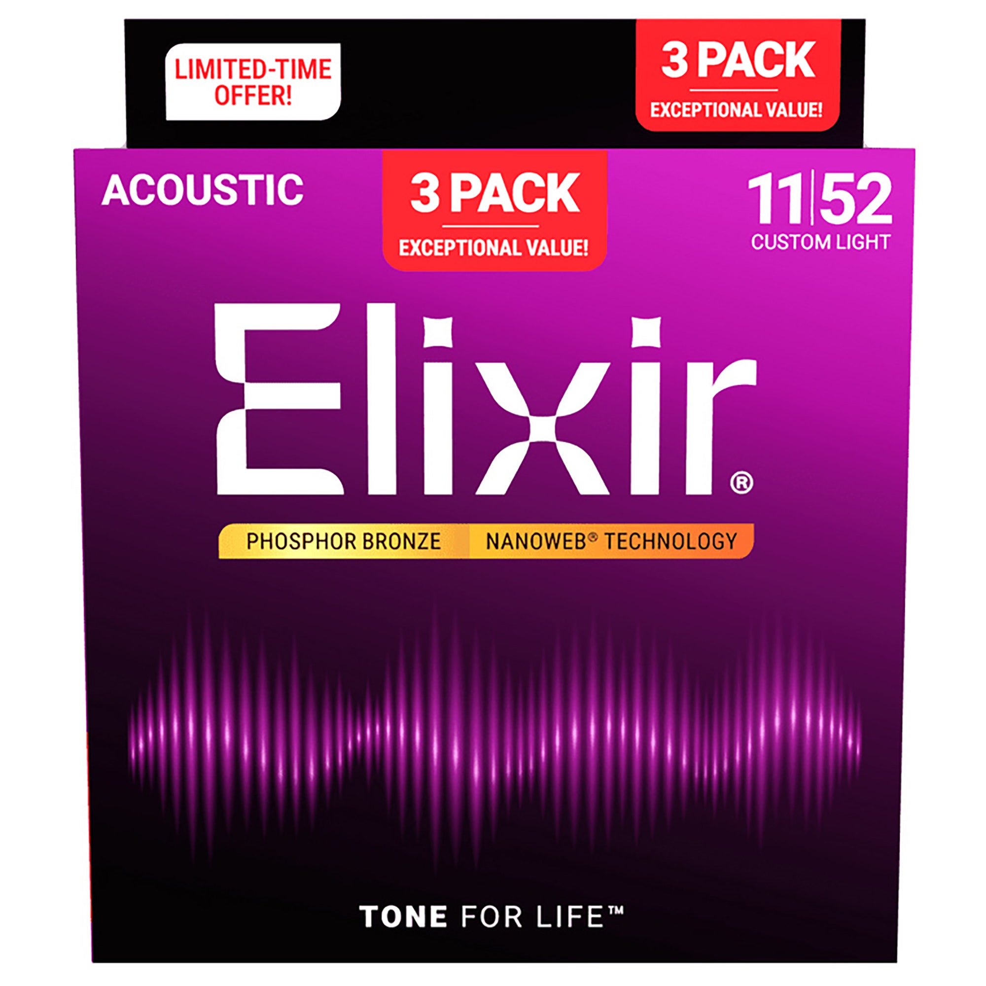 Elixir 16568 Phosphor Bronze Acoustic Guitar Strings Nanoweb Custom Light 11-52 3 Pak