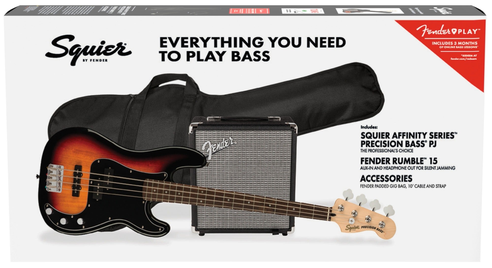 Squier Affinity Precision Bass PJ Bass Guitar Package with Rumble 15 Amplifier