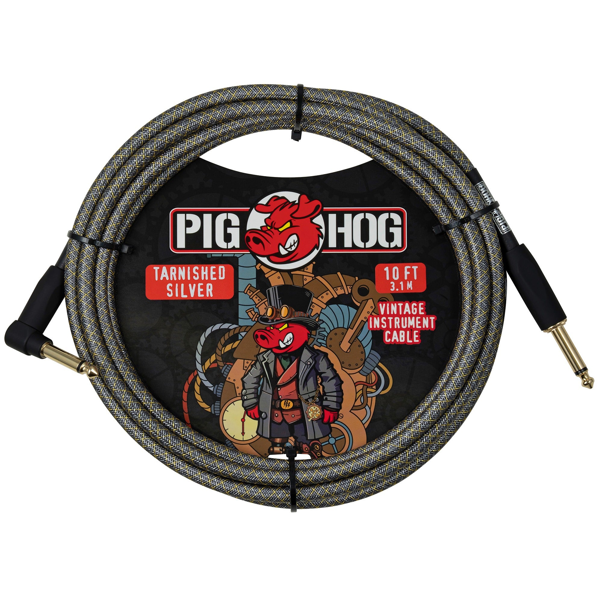 Pig Hog Tarnished Silver Instrument Cable 10 Feet Right Angle
