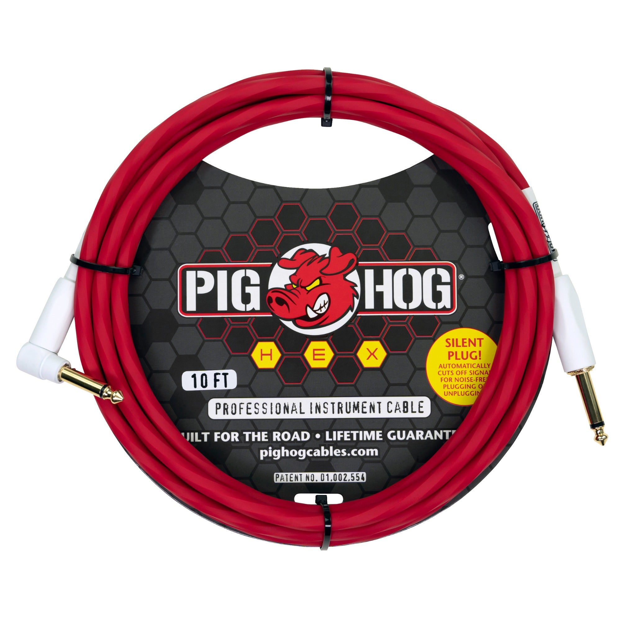 Pig Hog Hex Series Silent Instrument Cable Straight to Right Angle 10 Feet