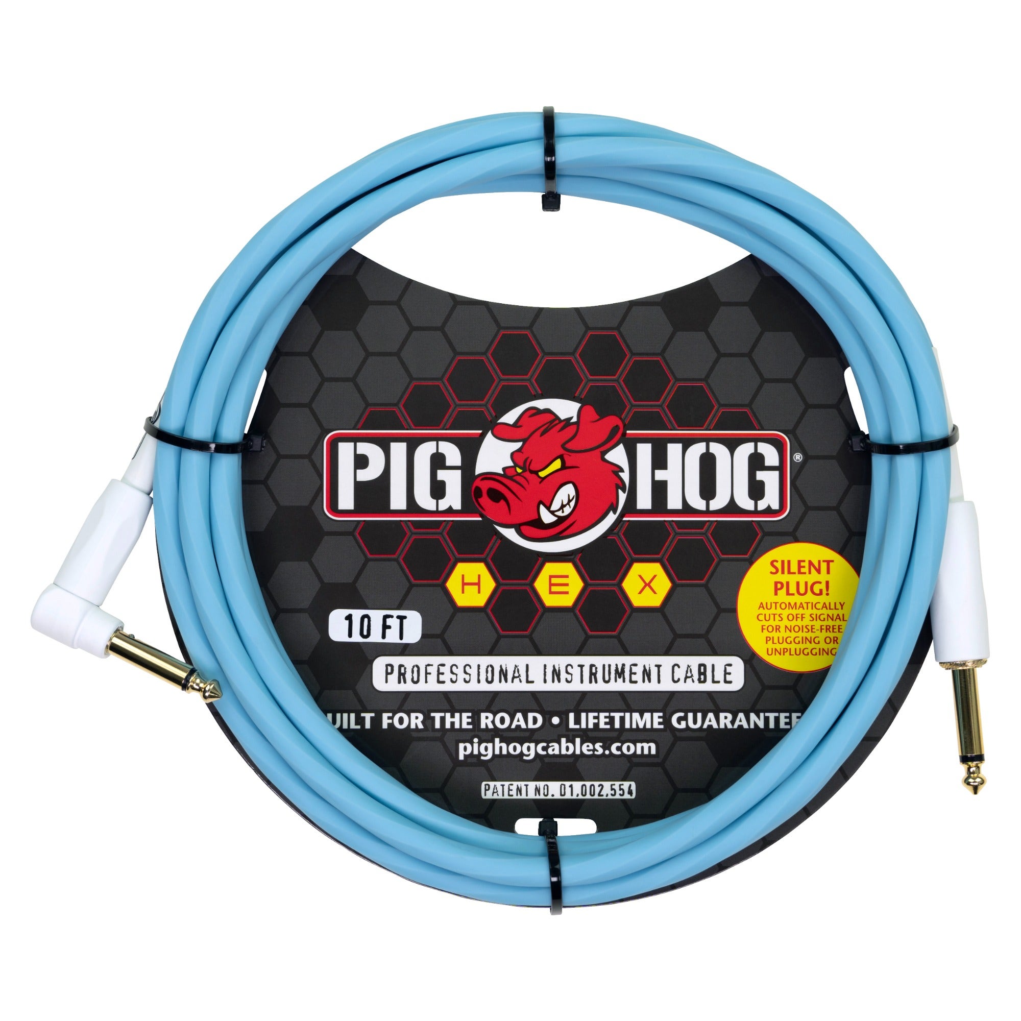 Pig Hog Hex Silent Instrument Cable Straight to Right Angle 10 Feet Daphne Blue