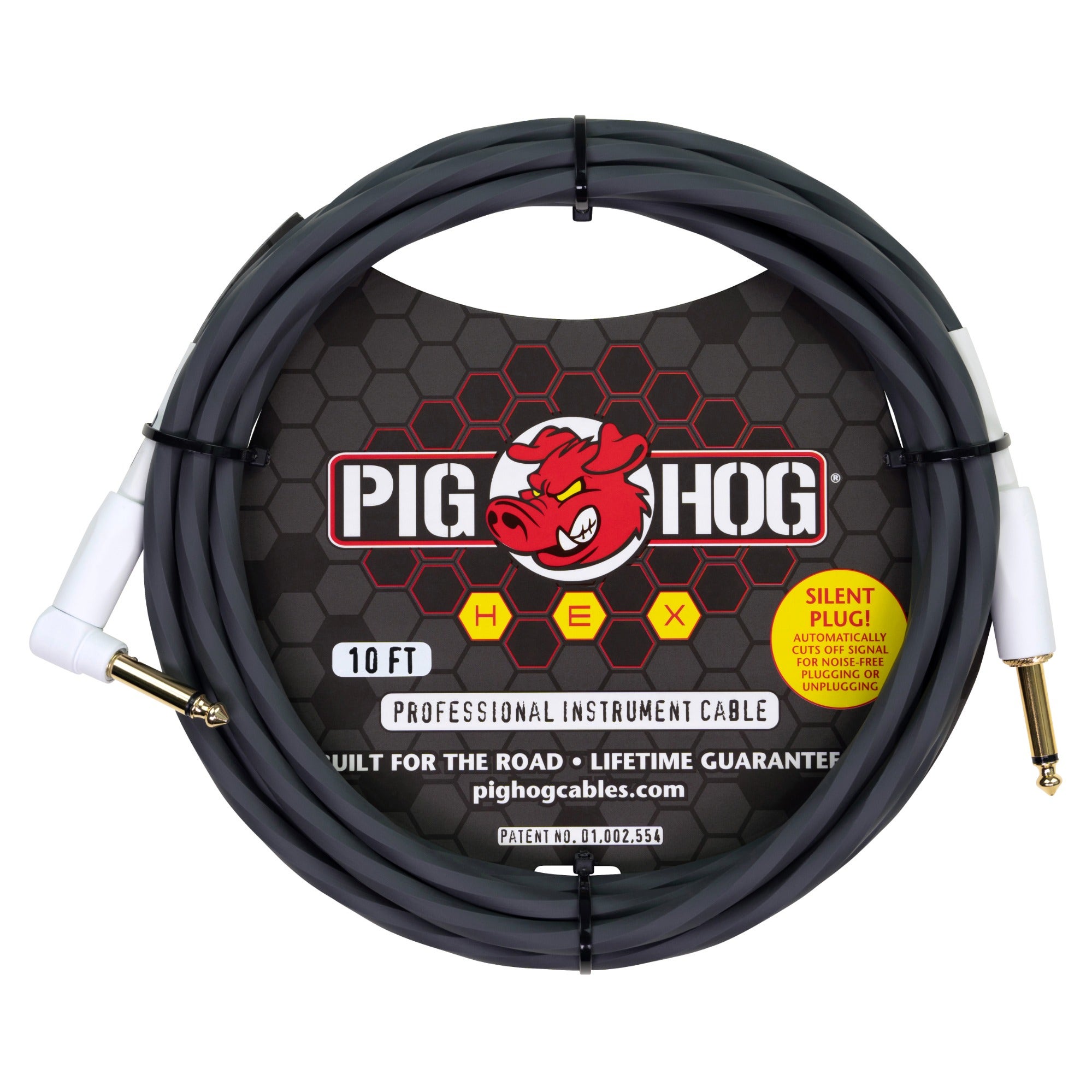 Pig Hog Hex Silent Instrument Cable Straight to Right Angle 10 Feet Grey