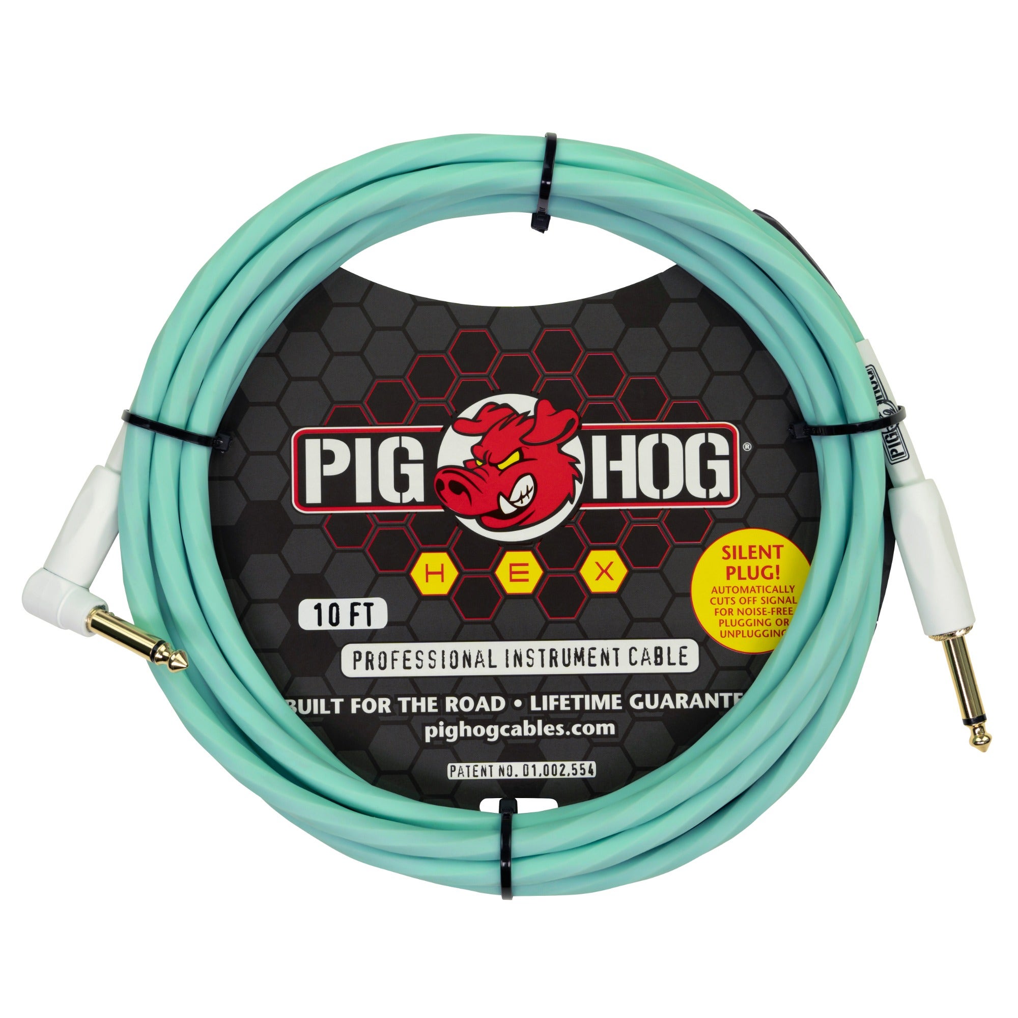 Pig Hog Hex Silent Instrument Cable Straight to Right Angle 10 Feet Seafoam Green