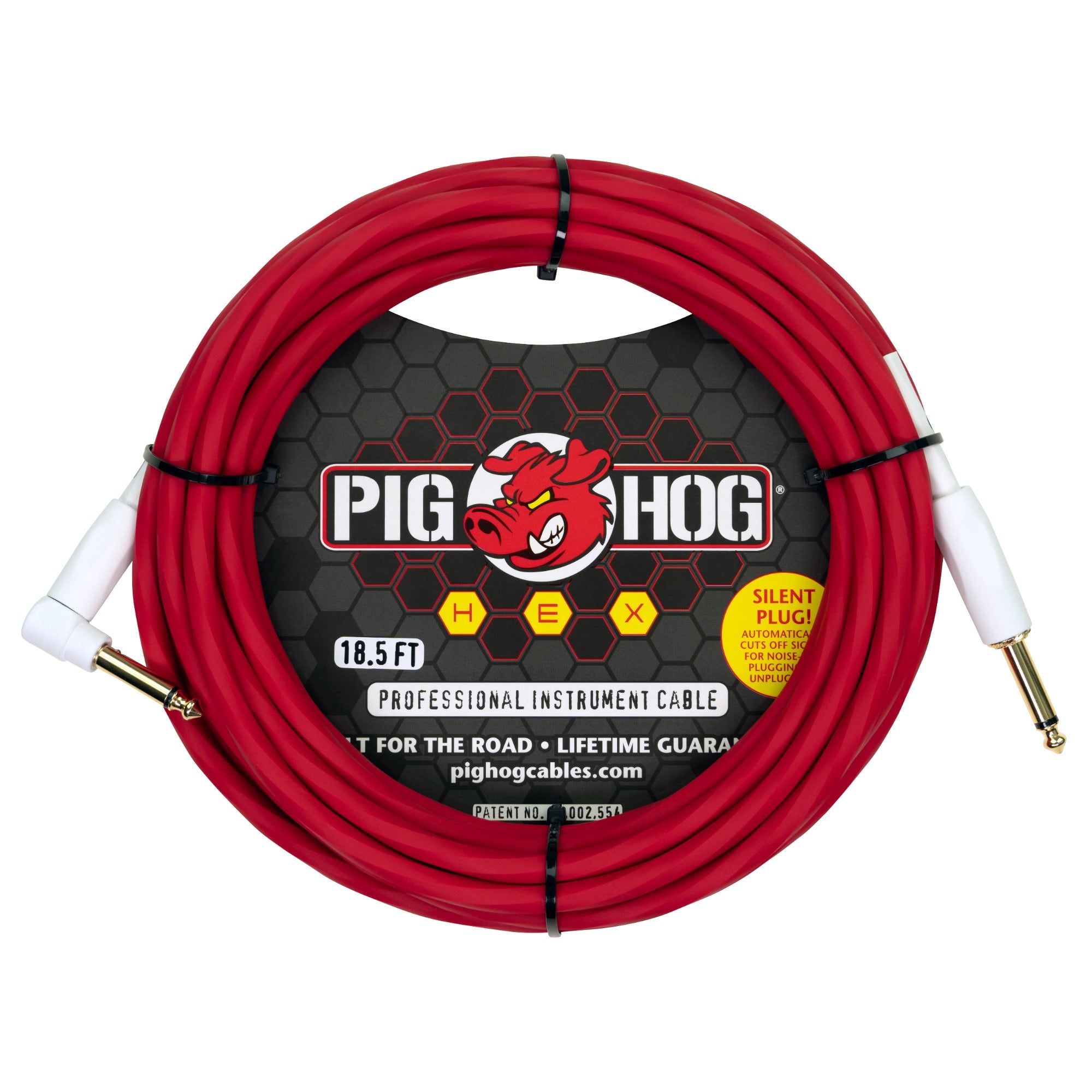 Pig Hog Hex Silent Instrument Cable Straight to Right Angle 18.6 Feet Candy Apple Red