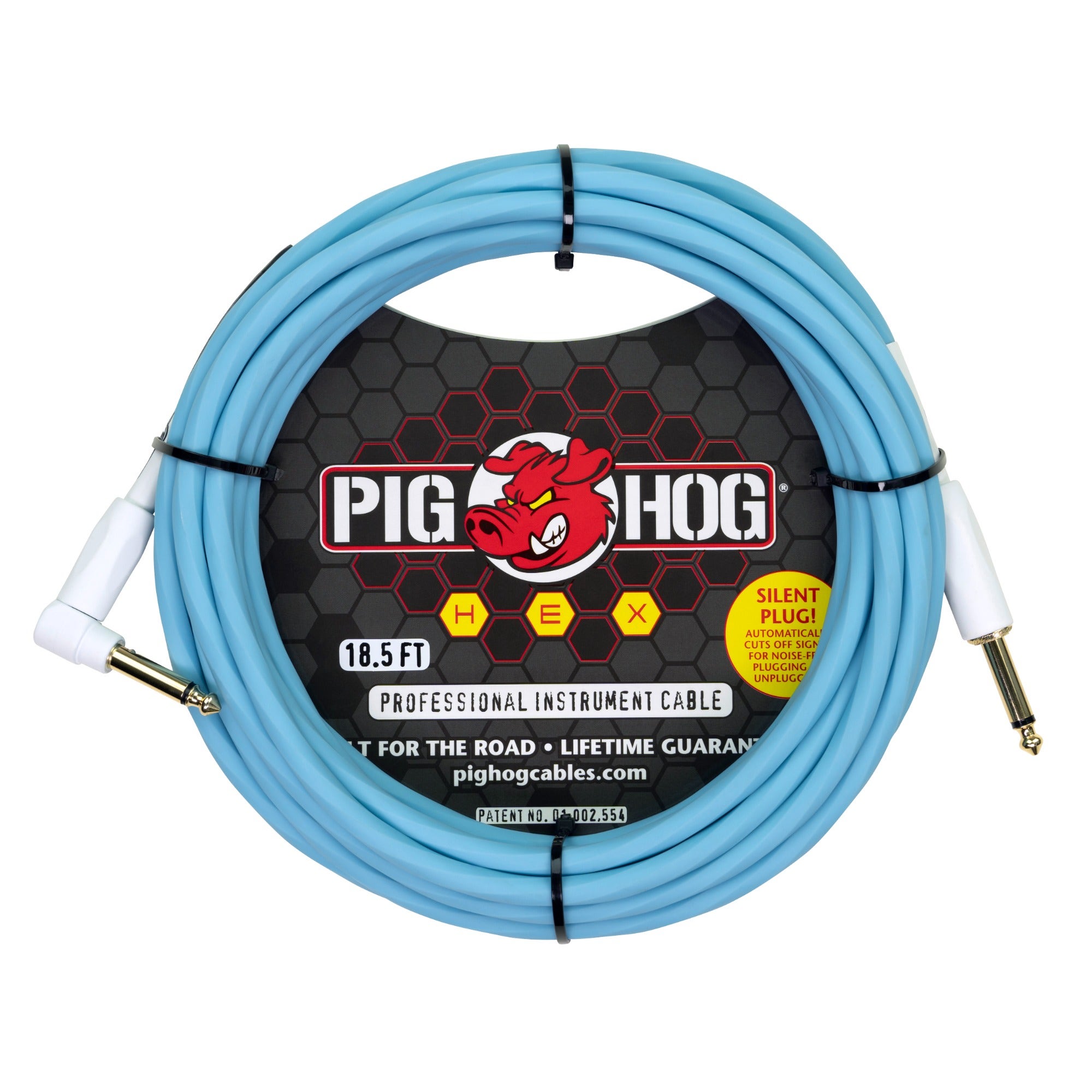 Pig Hog Hex Silent Instrument Cable Straight to Right Angle 18.6 Feet Daphne Blue