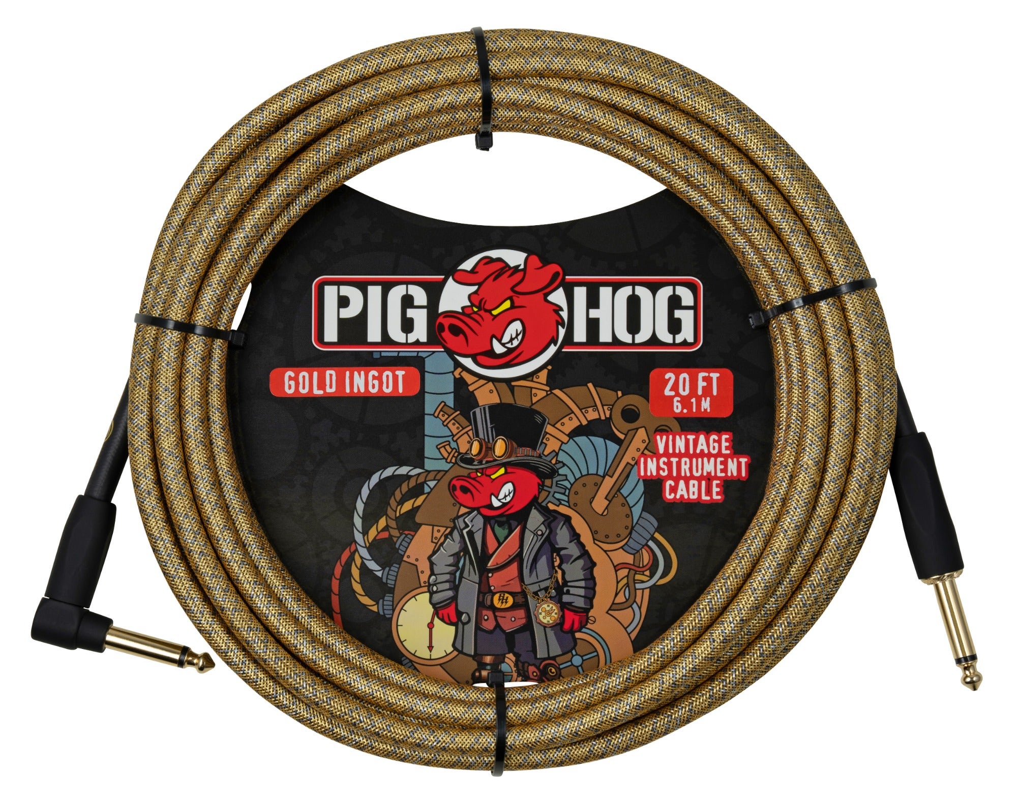 Pig Hog Gold Ingot Instrument Cable 20 Feet Right Angle