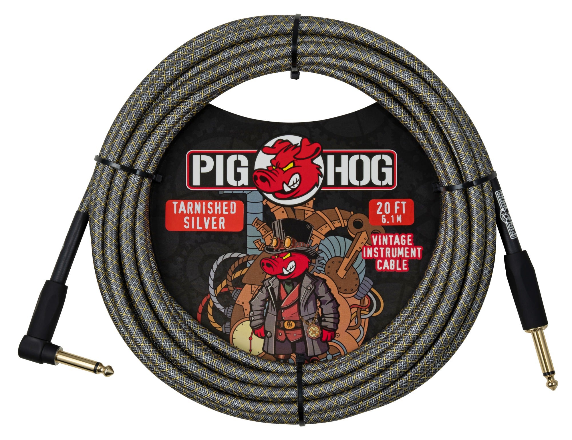 Pig Hog Tarnished Silver Instrument Cable 20 Feet Right Angle