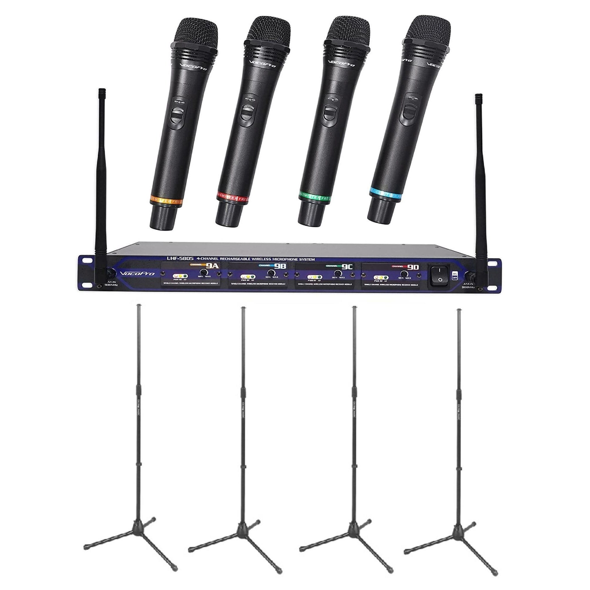 VocoPro UHF5805 Wireless Mic System with 4 On Stage MS7700B Mic Stands