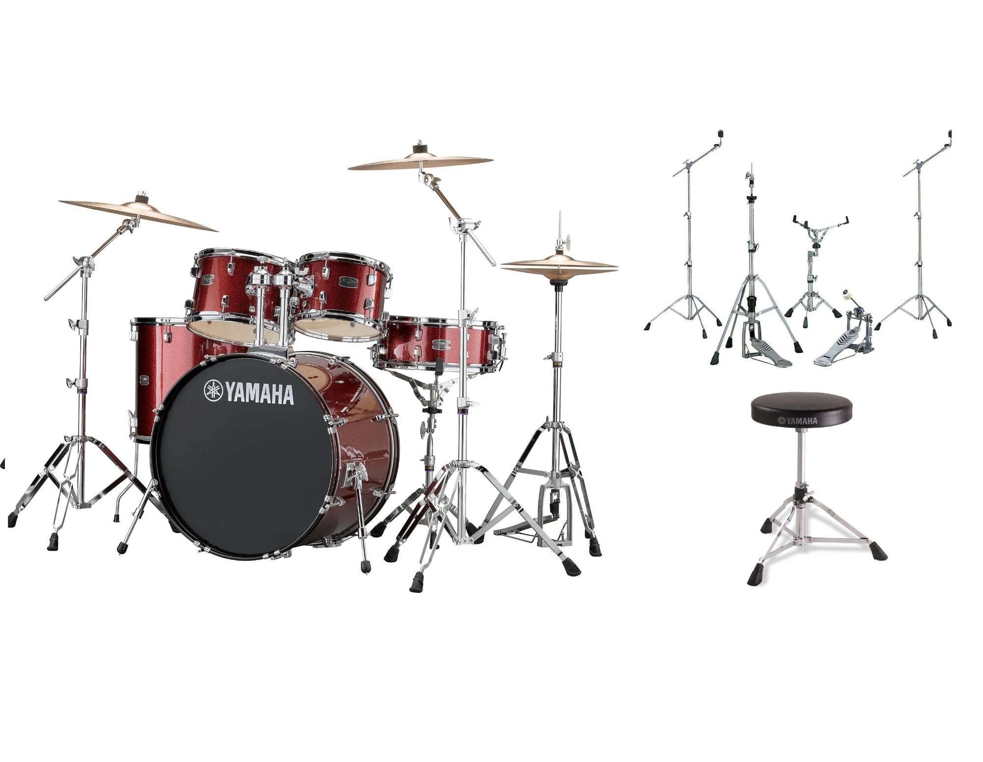 Yamaha Rydeen 5-Piece Drums with Hardware and Drum Throne Burgundy Glitter