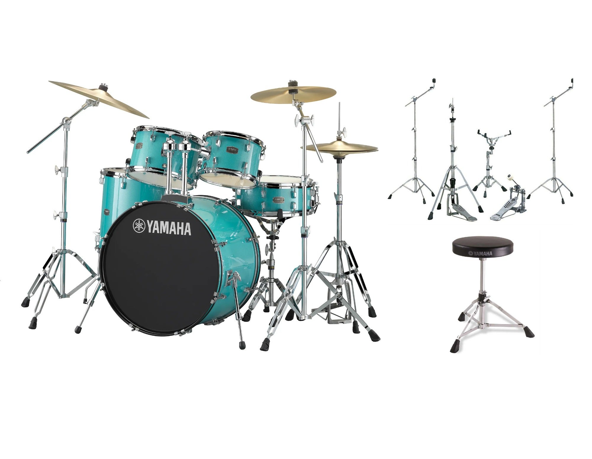 Yamaha Rydeen 5-Piece Drums with Hardware and Drum Throne Turquoise Glitter