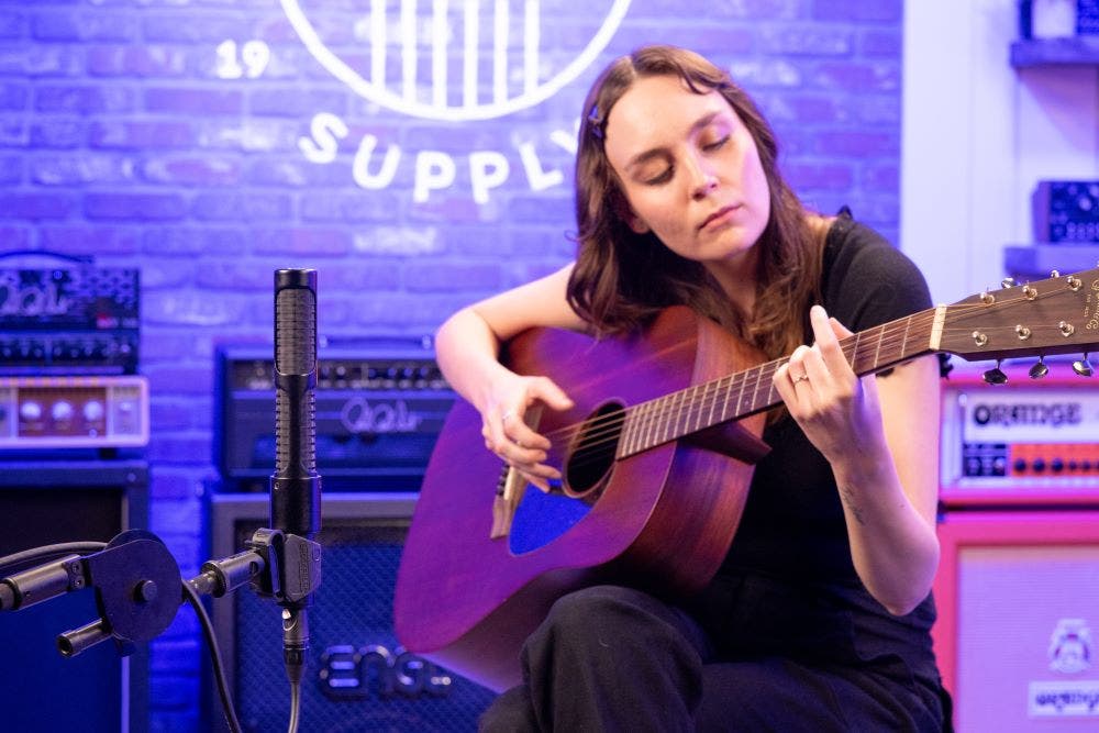Recording an acoustic guitar using an AEA N28 NUVO stereo ribbon microphone at American Musical Supply 