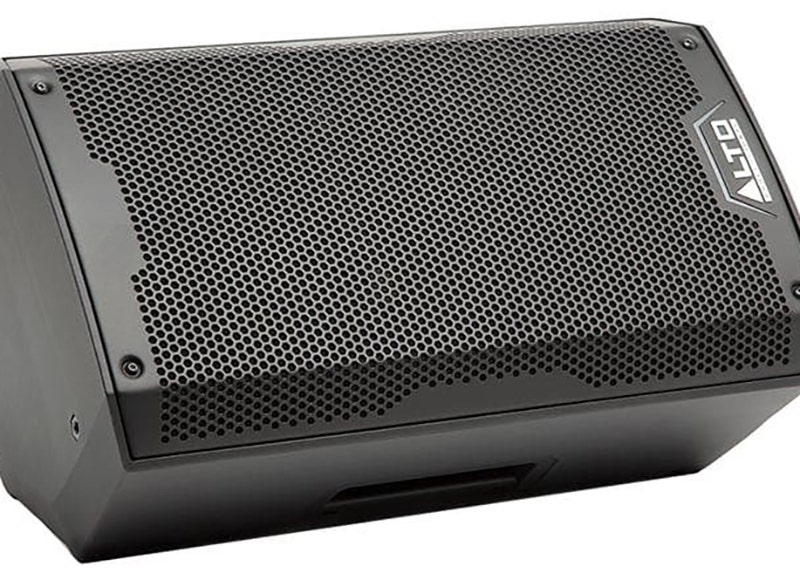 Angled view of a black Alto TS408 Professional stage monitor speaker with front grille and side handles.
