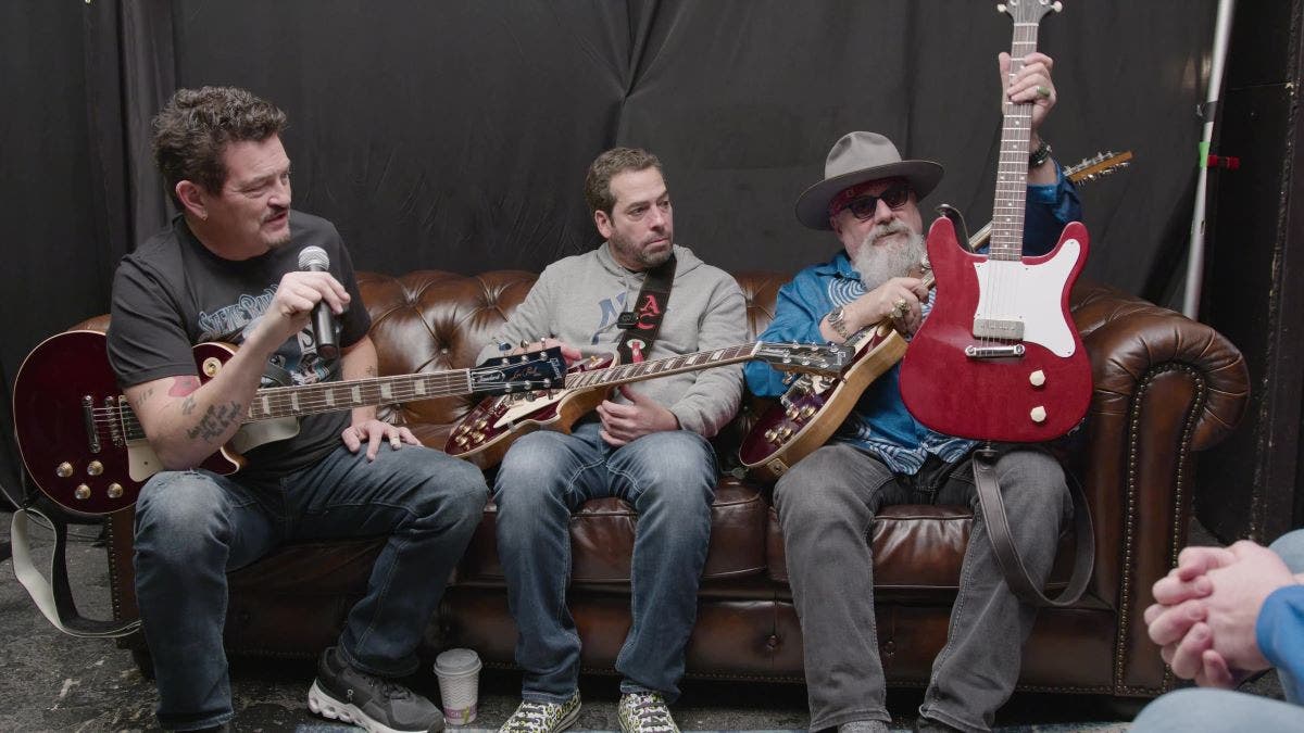 Blood Brothers Mike Zito, Albert Castiglia, and Jimmy Vivino with red Epiphone Coronet