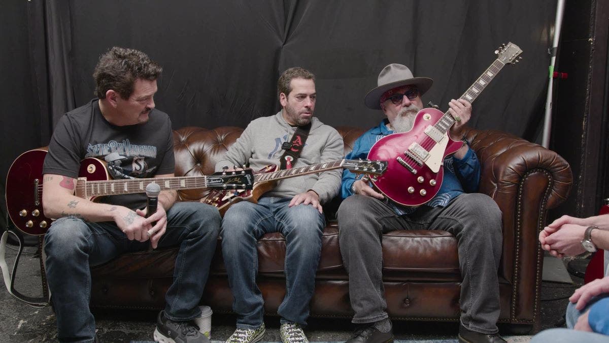 Blood Brothers Mike Zito, Albert Castiglia, and Jimmy Vivino with red Gibson Les Paul Standard guitars