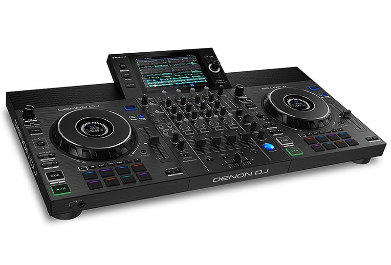 Denon DJ SC Live 4 standalone DJ controller featuring dual jog wheels, performance pads, and a central touchscreen display.