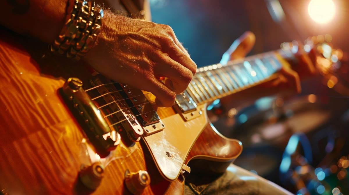Closeup of a person playing a solidbody electric guitar - Gibson Les Paul