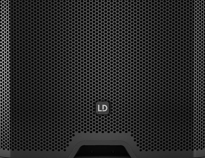 Front view of an LD Systems ICOA 18A powered subwoofer featuring a durable black grille and compact, professional design.