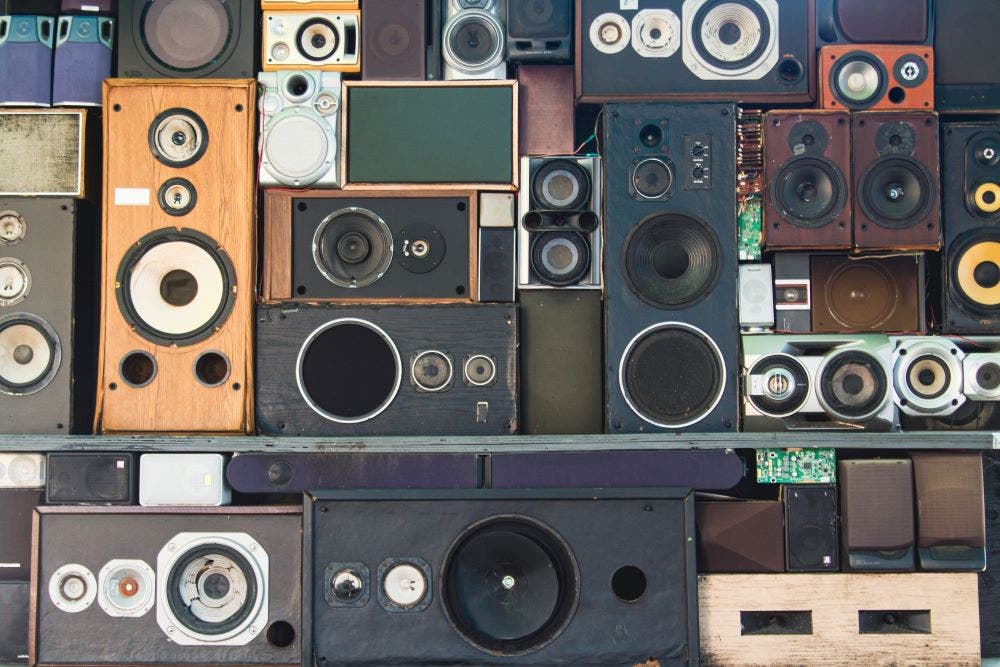 Wall of vintage PA loudspeakers